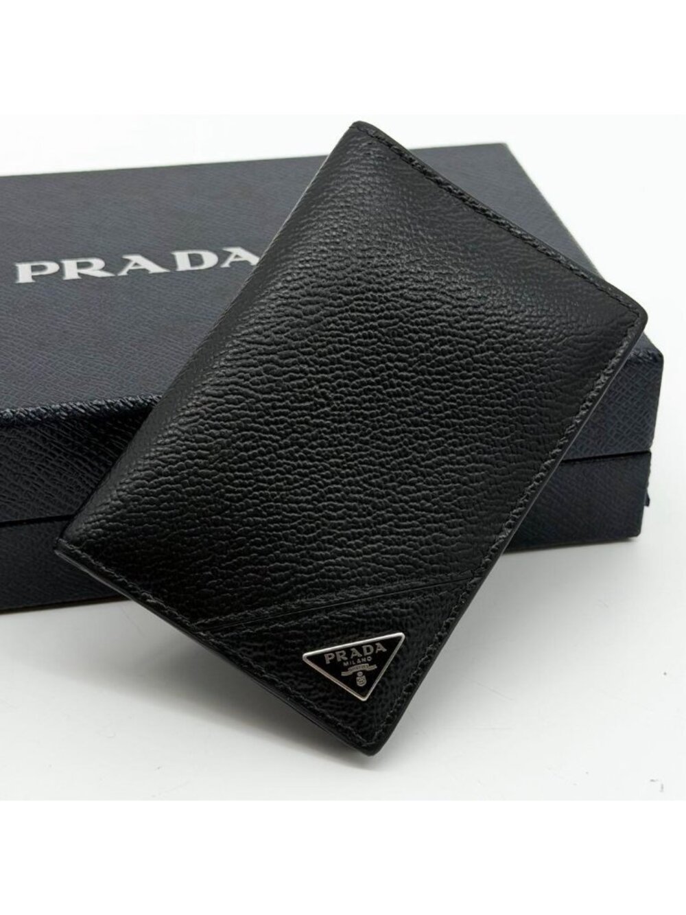 Prada Card Case Leather Triangle Plate Compact Bifold